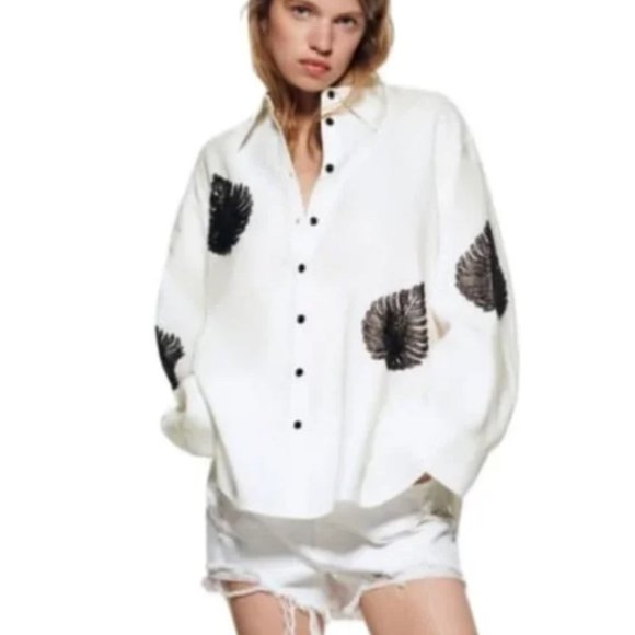 Zara Tops - Zara White Linen Black Feather Leaf Embroidered Button Front Shirt NWT
